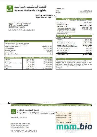 Algieria Bank Narodowy Algierii (BNA) wyciąg z kredytu hipotecznego szablon Word i PDF